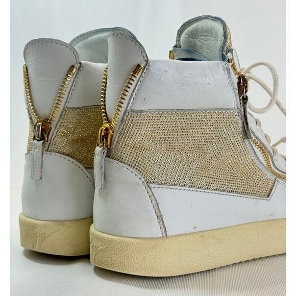 Giusseppi Zanotti Hightop Sneakers Womens 40 10 White Leather Gold Studded Boot - Picture 10 of 16